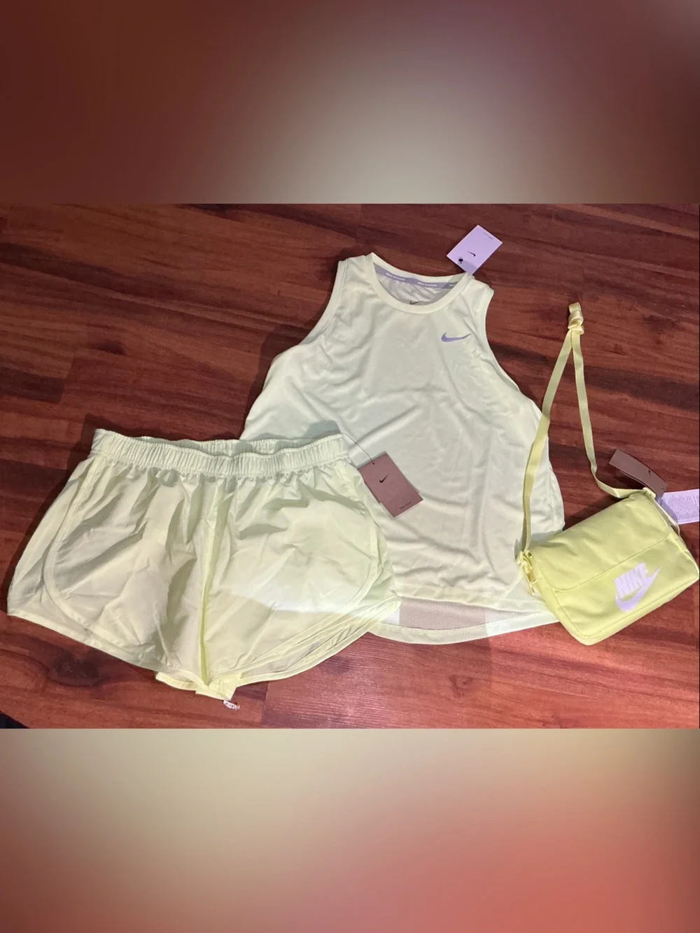 Nike Pale Yellow Women's Athletic Tank, Shorts Crossbody Bag Set nwt bundle